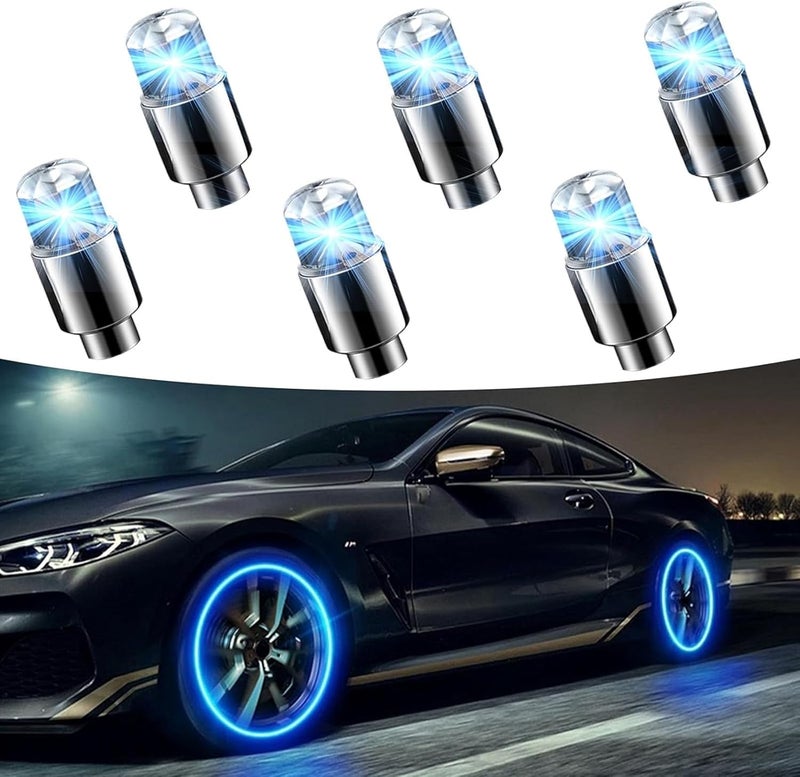 Fluher 6 PCS Car Tire Valve Light, Cool Modified Night Light Safety Shock Sensor Flash Light, Waterproof Tire Valve Stem LED Light Cap, Universal Wheel Decoration Accessory for Car Motorcycle (Blue) - Image 1